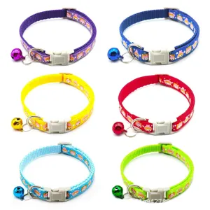 Cute cartoon pet collar with bell, adjustable nylon dog and cat neck strap, 1cm width, 6 colors.