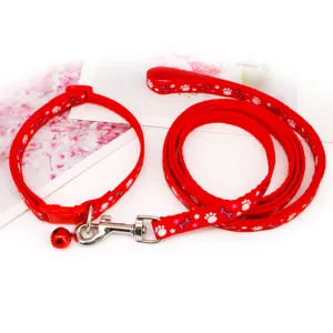 Red pet collar and leash set with cute paw prints, 1cm width adjustable cat dog walking rope.