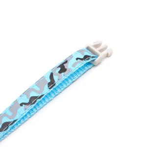 Blue camouflage pet collar detail view, adjustable nylon strap with plastic buckle.