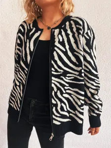 Black and white zebra print knitted cardigan for women, stylish long sleeve zipper jacket.