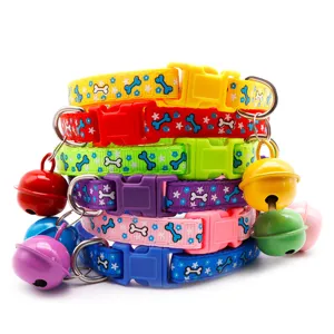 Colorful adjustable fabric pet collar for small dogs and cats with cute bone print and bell.
