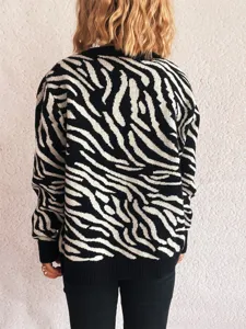 Women long sleeve zebra print knit sweater casual cardigan vintage pullover chic outerwear top