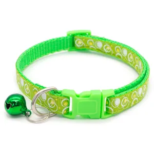 Green pet cat collar with cute bubble print, metal bell and adjustable safety buckle.