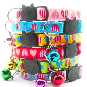 Colorful pet cat collar featuring cute cat buckle, metal bell, and soft nylon strap for small dogs.