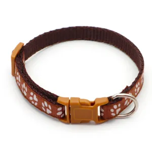 Brown pet collar with white paw prints, durable nylon material and metal D-ring for daily walking.