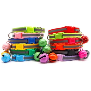Colorful adjustable pet collar with reflective strip and bell for cats and small dogs detail.