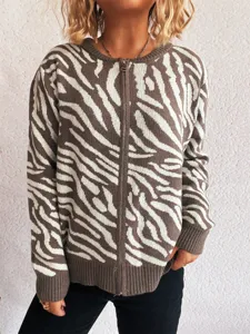 Women zip up knit cardigan sweater brown white zebra pattern casual stylish long sleeve outerwear