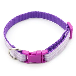 Detail shot of a purple plaid pet collar with plastic buckle and metal ring, close-up.