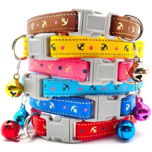 Colorful fabric pet collar with anchor print, adjustable safety buckle, bell for cats and dogs