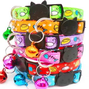 Colorful cartoon print cat collar with cute cat-face buckle and ringing bell for small pets