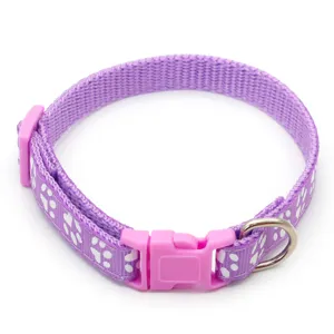 Purple pet collar with cute white paw prints, pink buckle and metal D-ring for cats dogs.