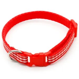 Red striped pet collar with plastic buckle and metal d-ring for dogs and cats safety.