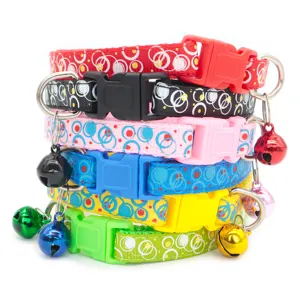 Colorful pet collar set with cute bubble print, durable plastic buckle and hanging bell for pets.