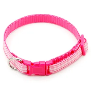 Pink plaid pet collar with quick release plastic buckle and metal d-ring for dogs and cats.