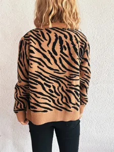 Stylish long sleeve zebra print knit sweater, cozy casual autumn cardigan top for women.
