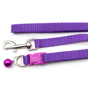 Purple pet leash nylon woven dog rope with metal hook and bell for small animals outdoor walk.