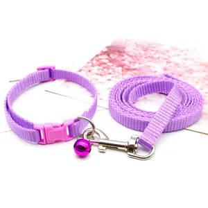 Purple pet collar and leash set with bell, durable webbing for small dogs and cats walk.