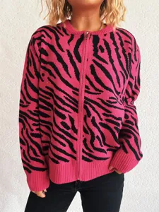 Pink and black zebra print knit cardigan sweater with front zip for women daily wear.