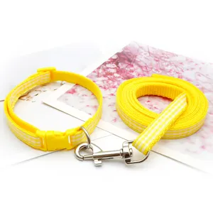 Detailed view of yellow white plaid pet dog collar and leash set close up showcase.