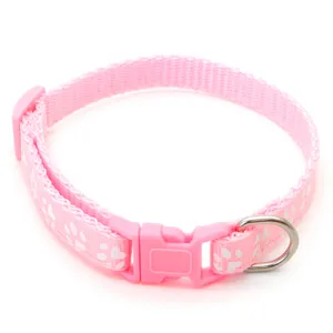 Pink pet collar with cute paw print pattern, durable plastic buckle and metal D-ring for dog.