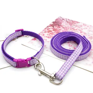 Purple plaid pet collar and leash set for small dogs, stylish outdoor walking accessories.