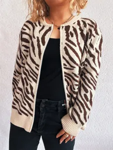 Women's zebra pattern knit cardigan long sleeve zip up sweater casual outerwear top