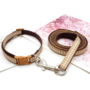 Vintage brown plaid pet collar and leash set for small dogs outdoor walking supplies