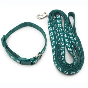 Set collare e guinzaglio per animali verde con stampa di impronte di zampe per gatti.