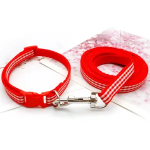 Red white plaid pet collar and leash set for small dogs, adjustable cute safety strap.