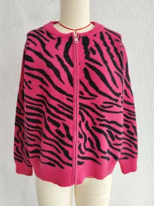 Pink black zebra striped knit cardigan with front zipper, casual long sleeve sweater outerwear.