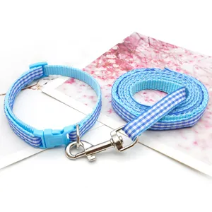 Blue and white plaid pet collar and leash set, perfect for small dogs outdoor walking.