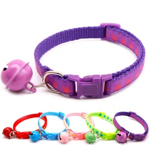 1.0cm small cat dog collar with cute star pattern, quick release buckle and large bell, multiple colors.
