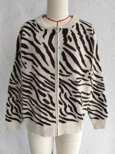 Detailed view of women's casual long sleeve zebra pattern knit cardigan outerwear.