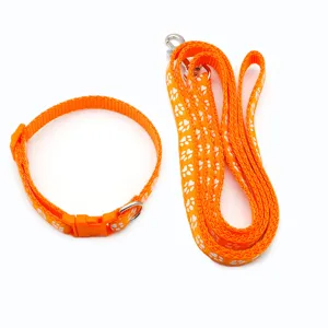 Set guinzaglio e collare per animali arancione con stampe di zampe bianche per cani.