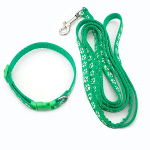 Set guinzaglio e collare per animali verde con motivi di zampe bianche per passeggiate quotidiane.