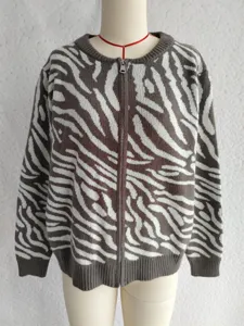 Trendy zebra pattern knit cardigan with front zipper, cozy long sleeve sweater coat for women.