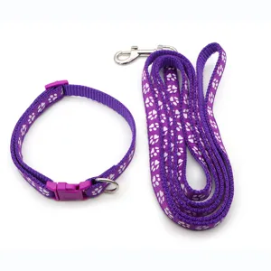 Set guinzaglio e collare viola per animali domestici con bel motivo a zampa bianca.