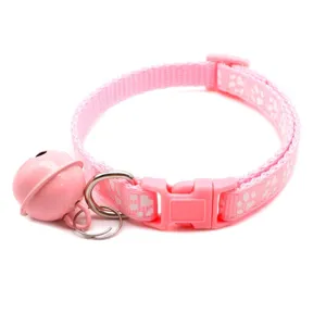 Pink pet collar with bell and paw print design, adjustable dog and cat collar for small pets.