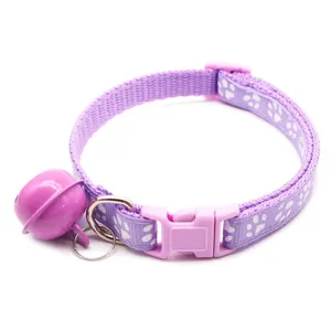 Purple pet collar with bell and cute paw print design for small dogs and cats, 1cm width.