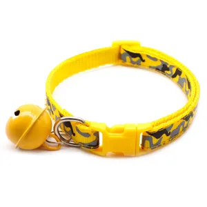 Yellow camo pet cat dog collar detail close up with bell and buckle for small pets