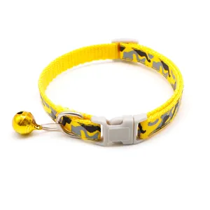 Adjustable yellow camo pet collar with quick release buckle and cute bell for cats and dogs