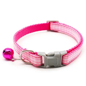 1cm Rosa Kariertes Katzen Hunde Halsband mit Glocke und Verstellbarer Schnalle Zubehör