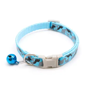 Blue camouflage pet collar detail, 1cm width, adjustable neck strap with a cute bell.
