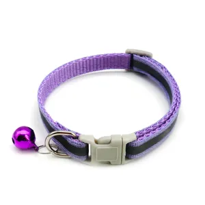 Purple pet collar detail, reflective strip and cute bell, adjustable size and buckle.