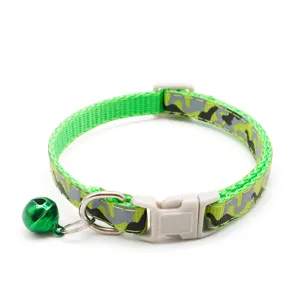 Green camo pet collar with bell and adjustable buckle, ideal for small dogs and cats safely daily use.