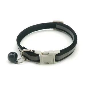Adjustable black pet reflective collar with bell for cats and small dogs, 1cm wide detail view.