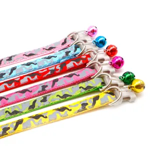Colorful camouflage pet collar with bell, adjustable nylon cat dog neck strap with buckle.