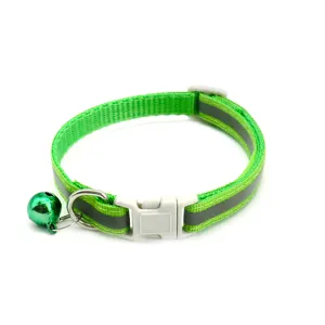 Green reflective pet collar with bell, adjustable safety buckle for small dogs and cats.