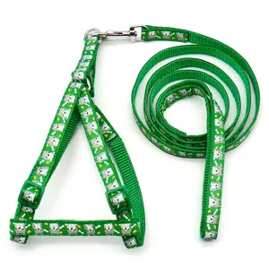 Grünes Haustier Leine und Geschirr Set mit Welpen Druck, verstellbar, robuster Metallkarabiner.