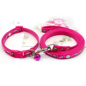 Pink cartoon pet leash and collar set with bell, 1cm wide nylon rope for small dogs and cats.
